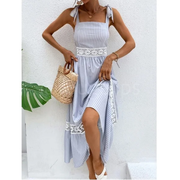 White Crochet Trim Striped Blue Maxi Dress Tie Straps Square Neck Flowy Flared - Picture 5 of 8